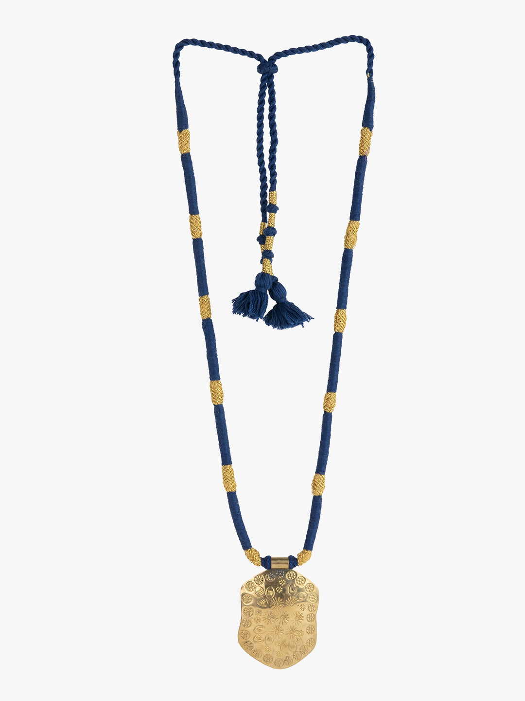 Navy Blue & Golden Patwa Thread Necklace with Gold-Toned Shield Pendant
