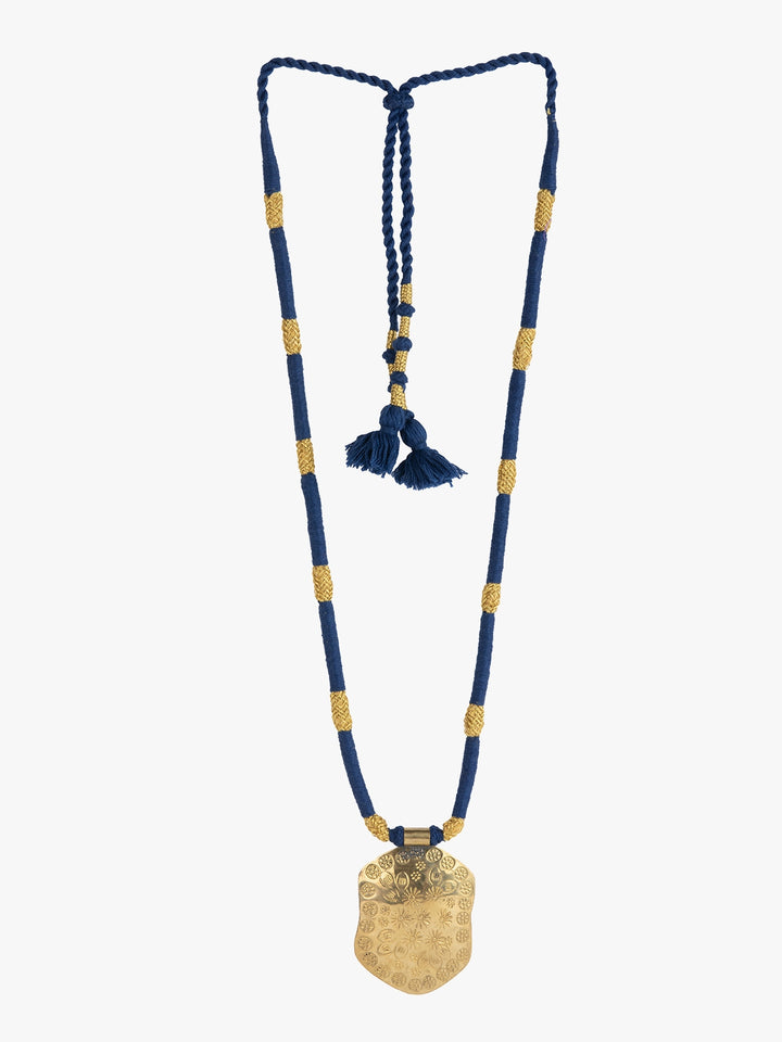 Navy Blue & Golden Patwa Thread Necklace with Gold-Toned Shield Pendant