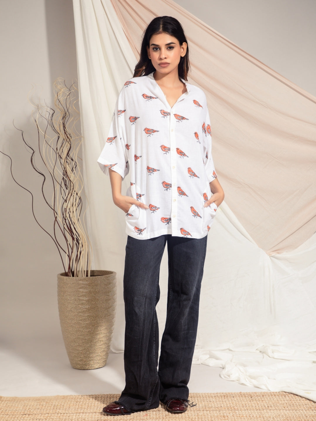 Red Munia Hand Block Printed Kimono Style Shirt