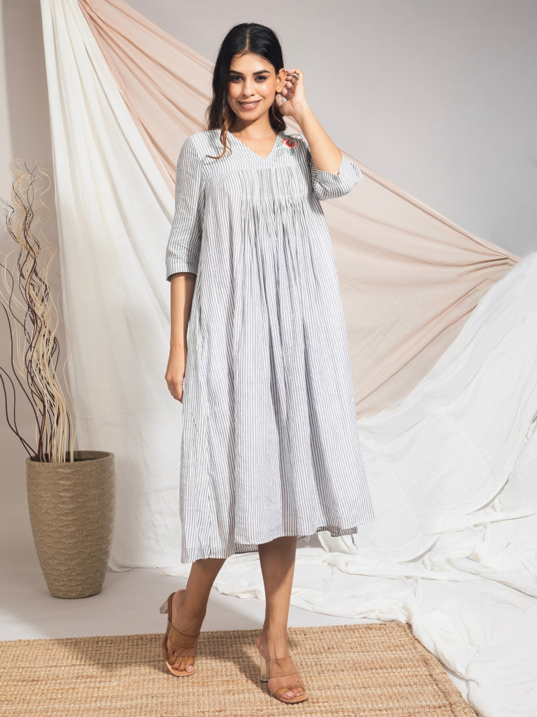 Madhumita Hand Woven Cotton Stripe Hand Embroidered Dress