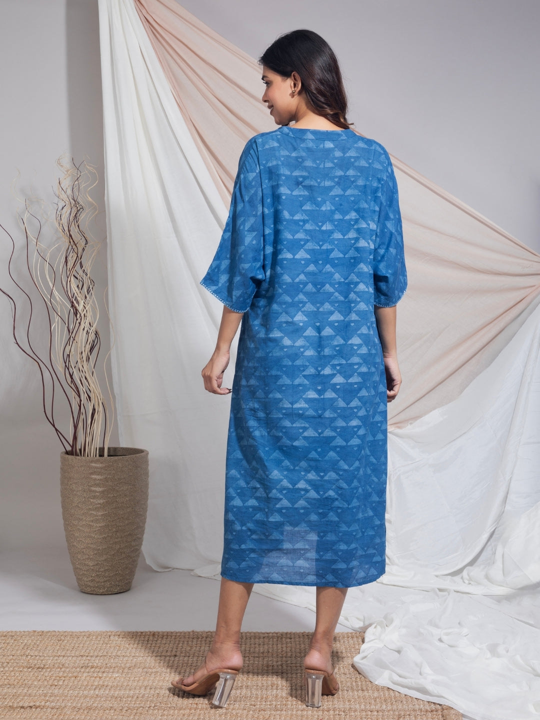 Rita Hand Woven Cotton Block Batik Printed Dress in Natural Indigo