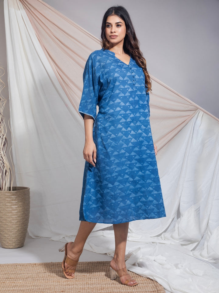 Rita Hand Woven Cotton Block Batik Printed Dress in Natural Indigo