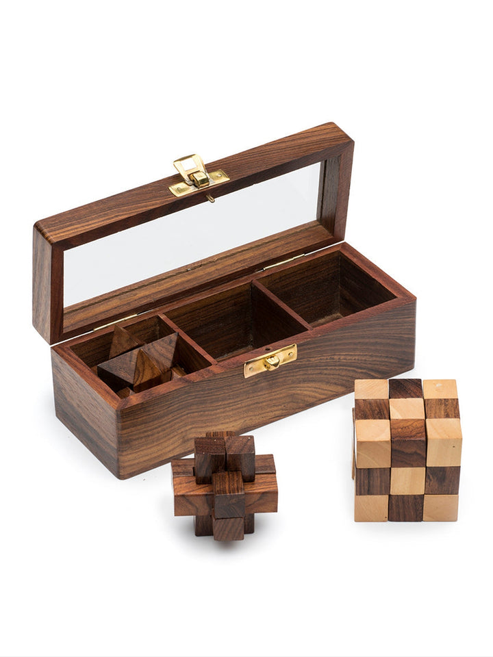 Geometric Puzzle Game Trio Gift Set - Hand Carved Wood Matr Boomie