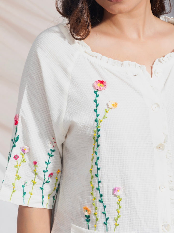 Shishira Hand Embroidered Cotton Self Check Top White