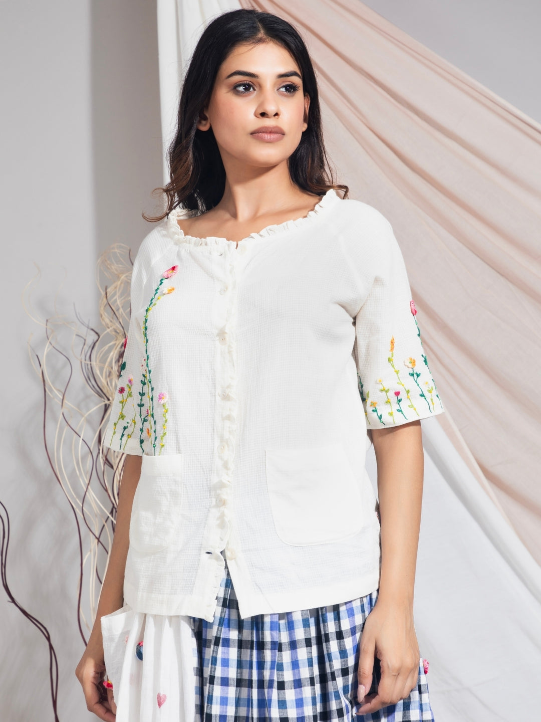 Shishira Hand Embroidered Cotton Self Check Top White