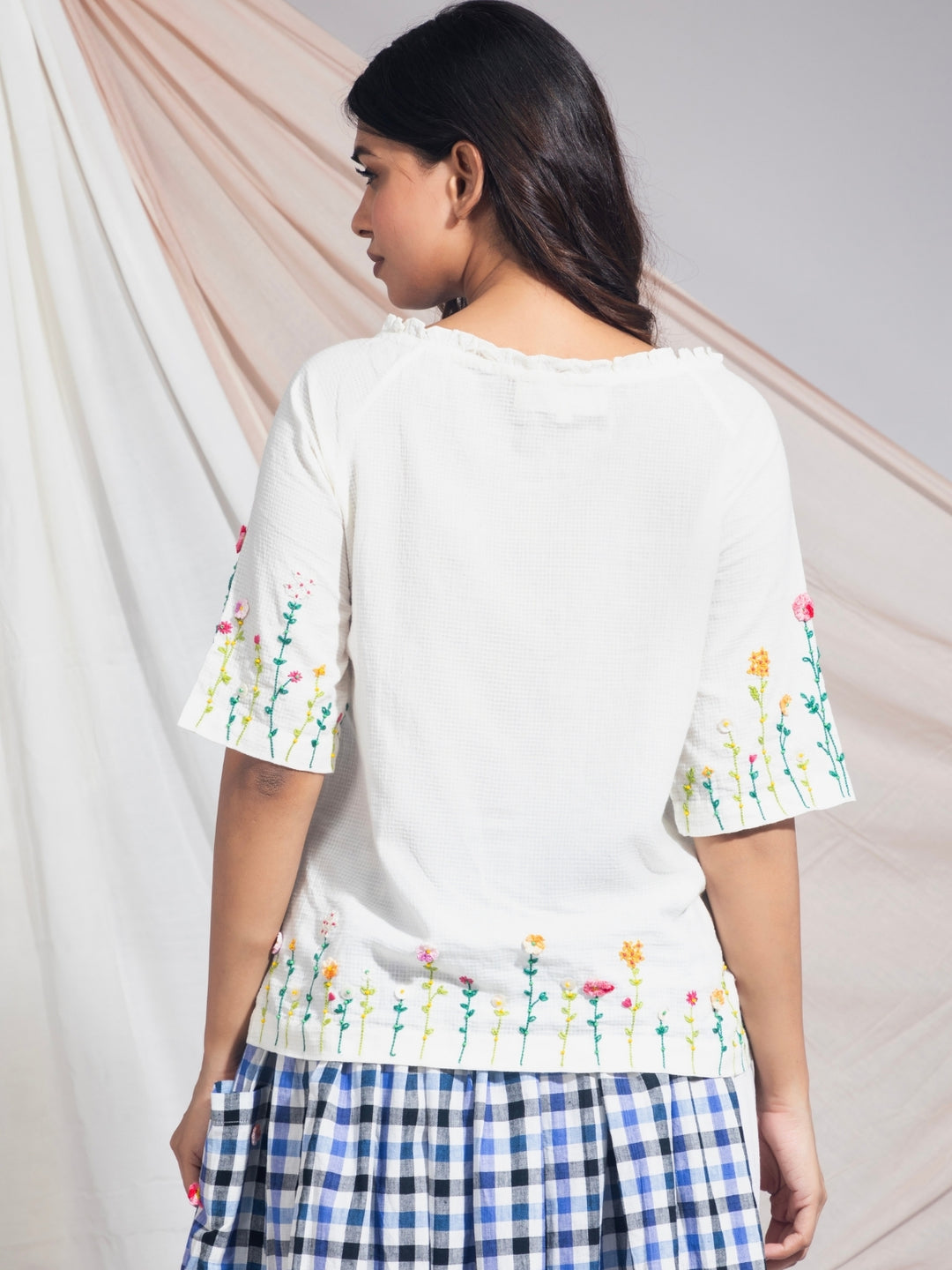 Shishira Hand Embroidered Cotton Self Check Top White