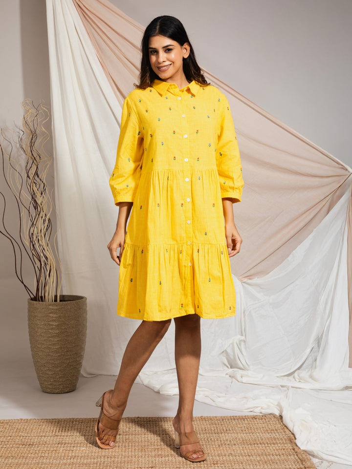 Daisy Hand Embroidered Cotton Tiered Self Check Dress Yellow