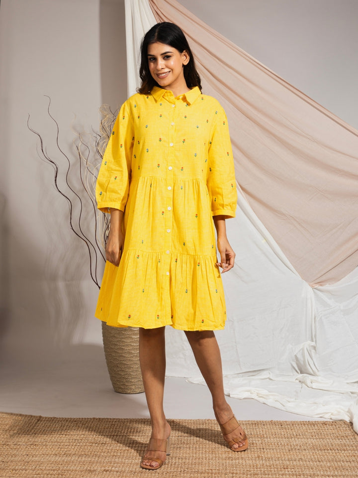 Daisy Hand Embroidered Cotton Tiered Self Check Dress Yellow