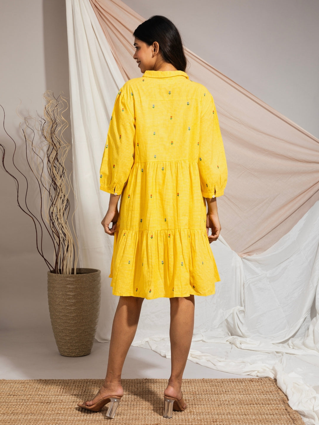 Daisy Hand Embroidered Cotton Tiered Self Check Dress Yellow