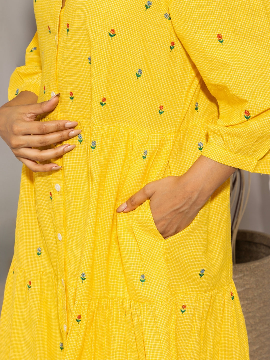 Daisy Hand Embroidered Cotton Tiered Self Check Dress Yellow