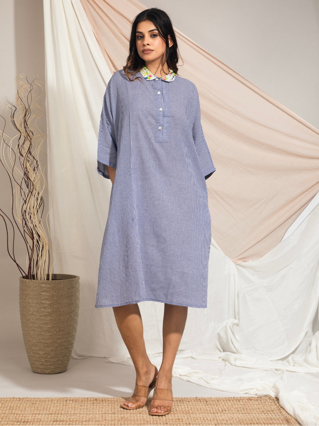 Habiba Hand Woven Cotton Muslin Dress With Hand Embroidered Collar