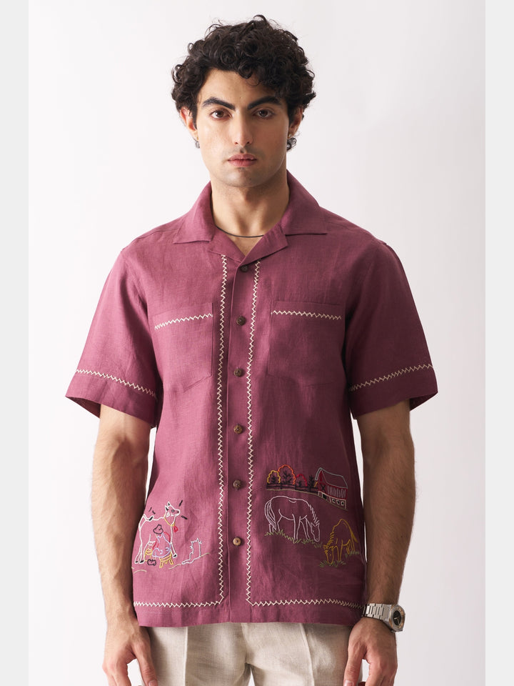 Cowboy’s Courtyard - Hand Embroidered Linen Shirt