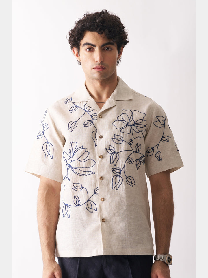 Floral Serenade - Hand Embroidered Linen Shirt