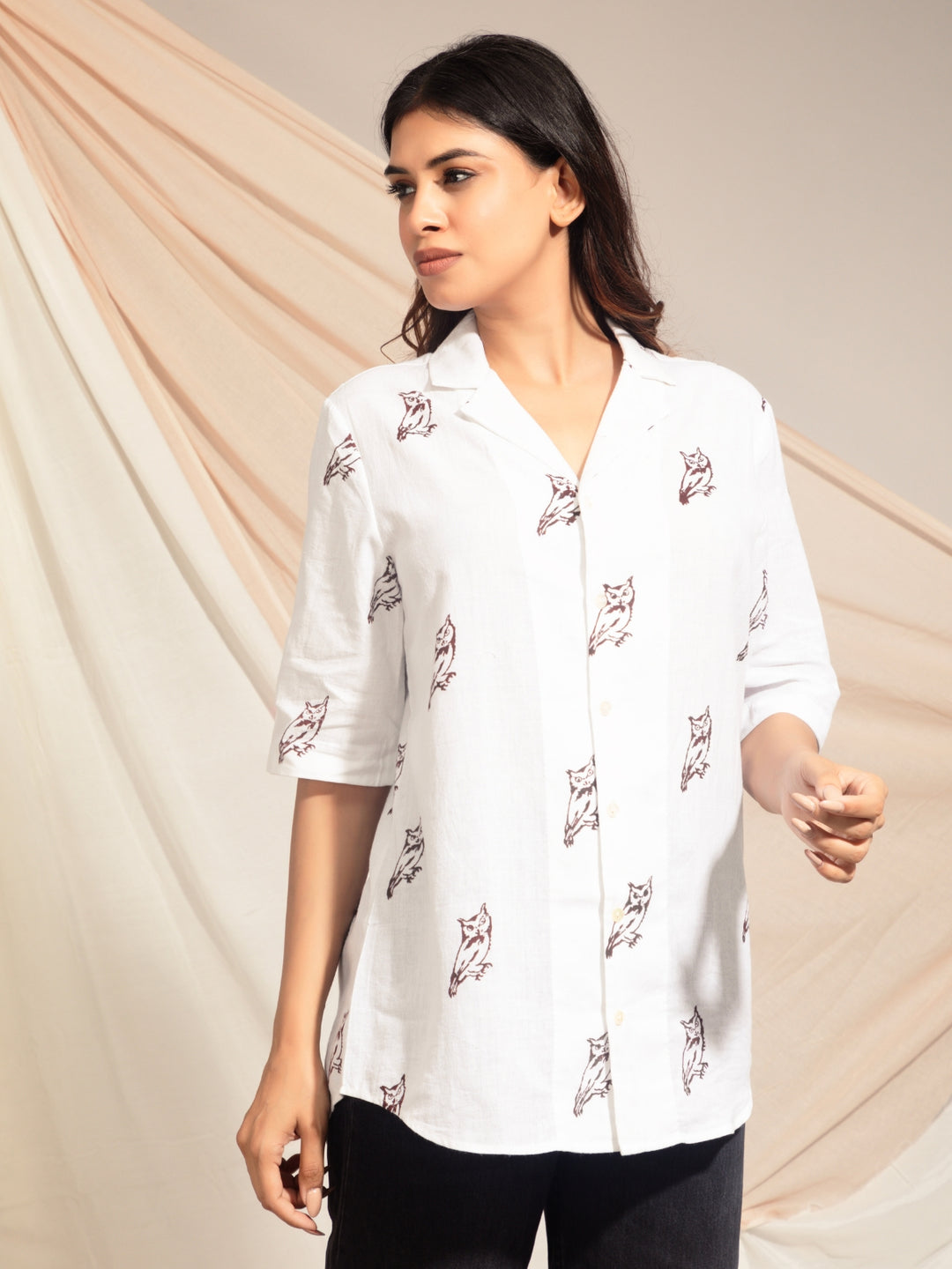 Collared Scops Owl Hand Block Printed Shirt