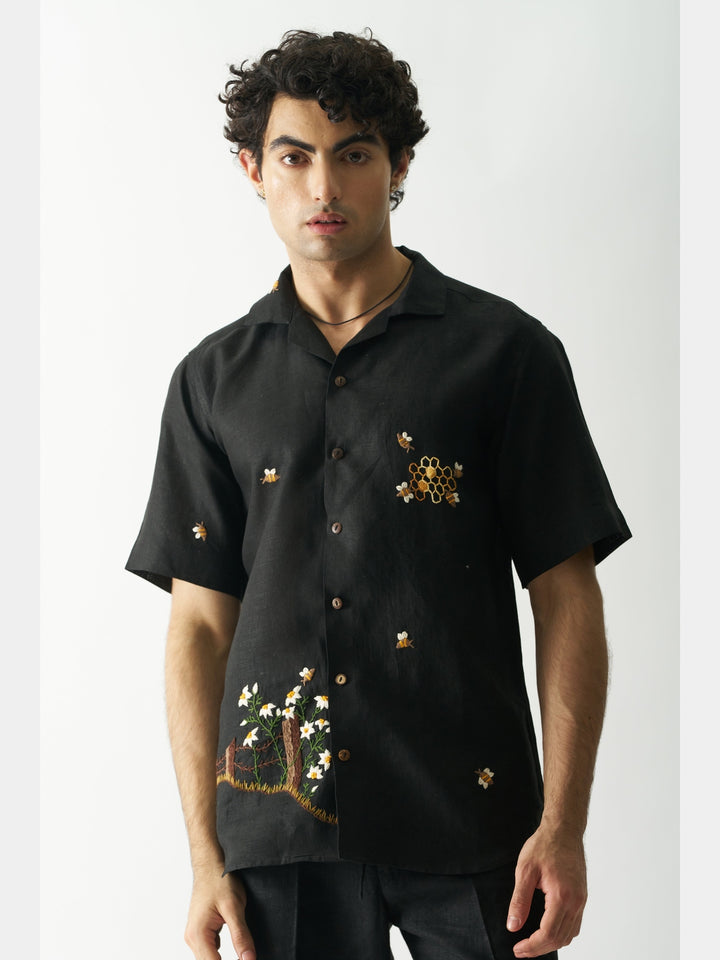 Buzzing Bees - Hand Embroidered Linen Shirt