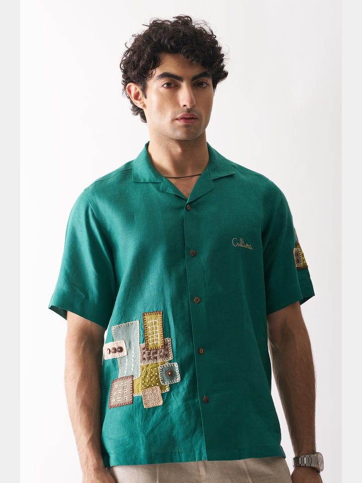 That Green Applique Shirt - Hand Embroidered Linen Shirt