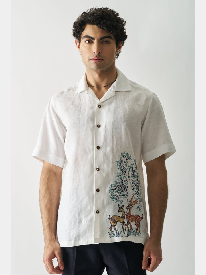 Deer Under Giant Oak - Hand Embroidered Linen Shirt