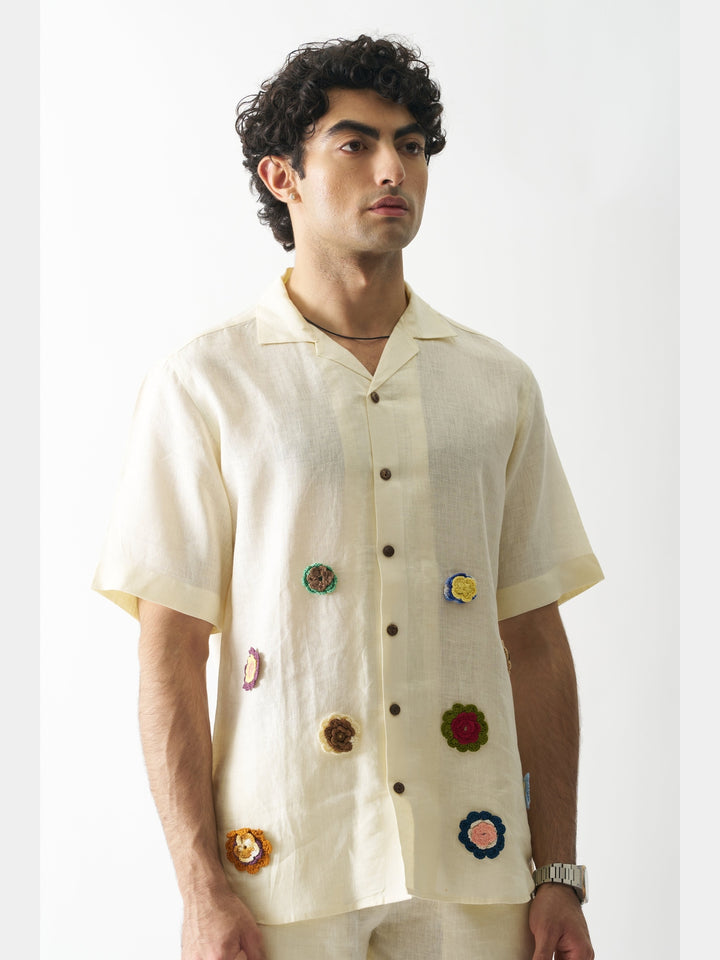 Off-White Petals - Hand Embroidered Linen Shirt