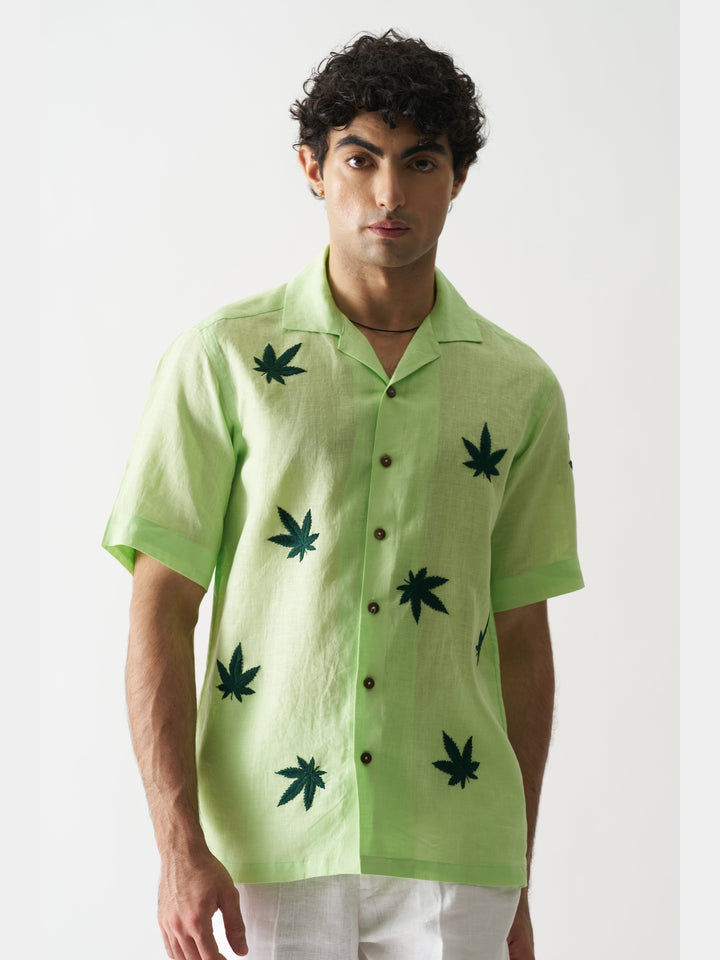 High On Cannabis - Hand Embroidered Linen Shirt Cultura Studio