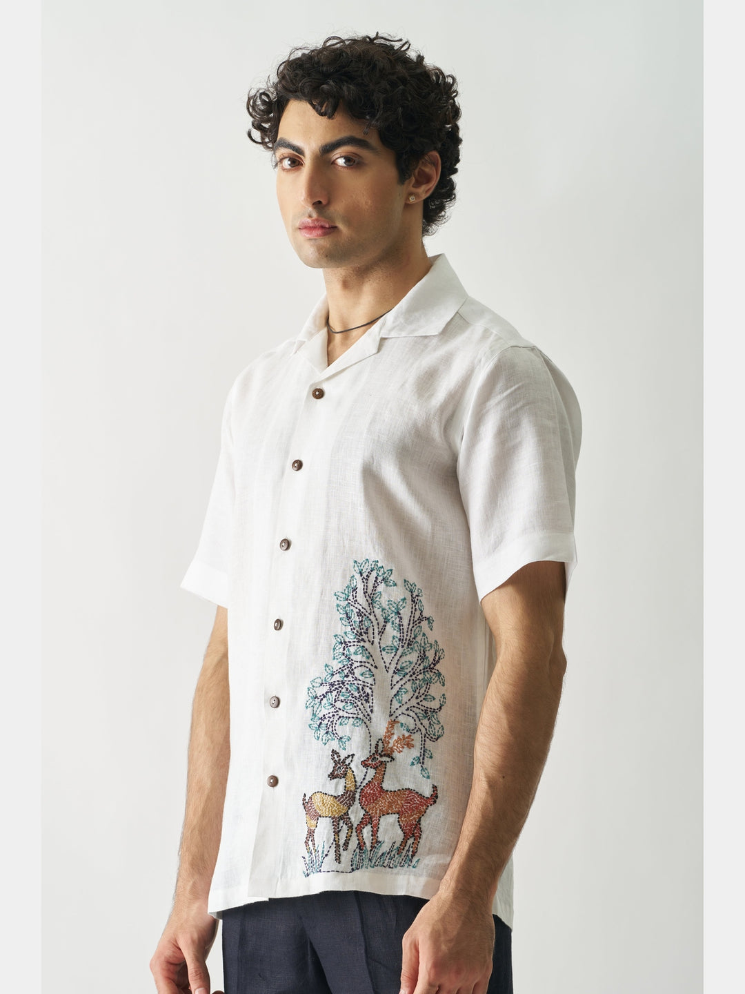 Deer Under Giant Oak - Hand Embroidered Linen Shirt