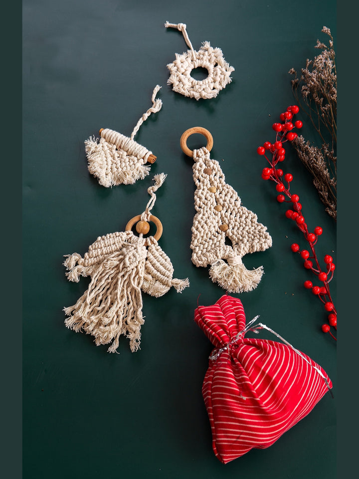 Macrame Christmas Ornaments Set of 4 in White