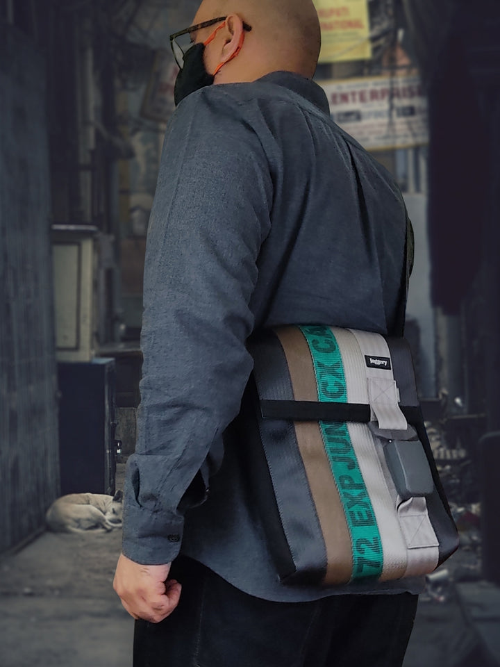 Heryana Freelancer's Satchel in Green Ex-Cargo Belts & Rescued Car Seat Belts [11" Cafe Bag]