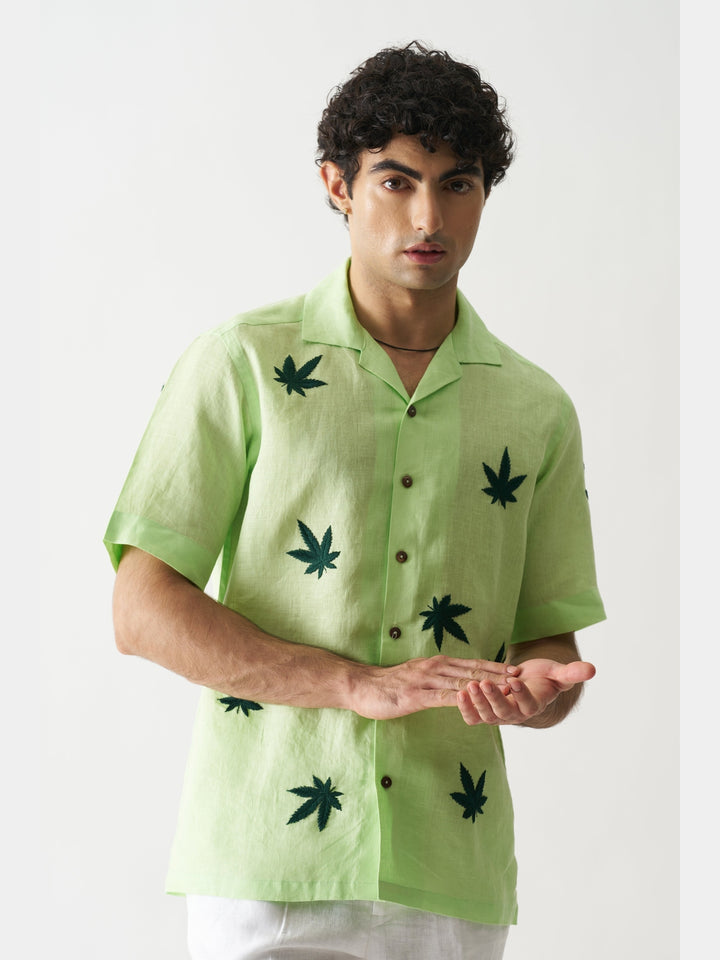 High On Cannabis - Hand Embroidered Linen Shirt Cultura Studio