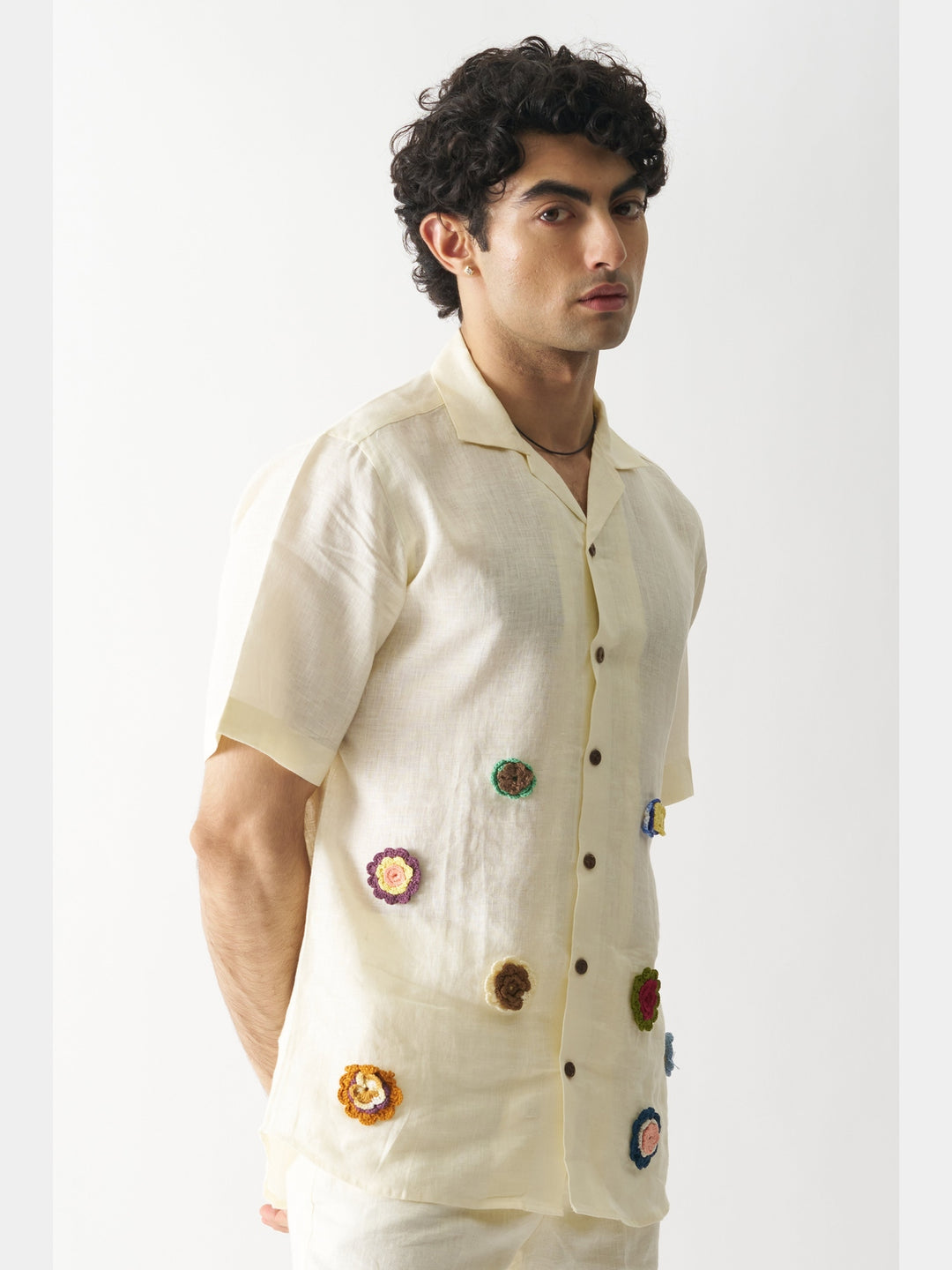 Off-White Petals - Hand Embroidered Linen Shirt