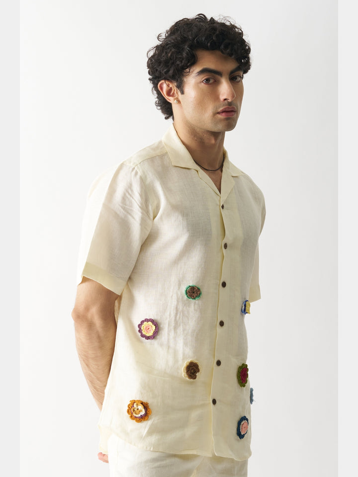 Off-White Petals - Hand Embroidered Linen Shirt