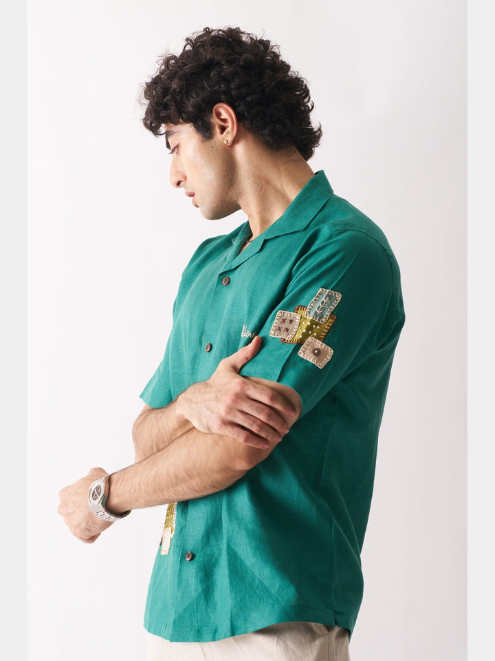 That Green Applique Shirt - Hand Embroidered Linen Shirt