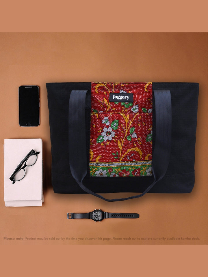 Punar Prayog Festival Tote in Ex-Army Black Canvas & Red Kantha