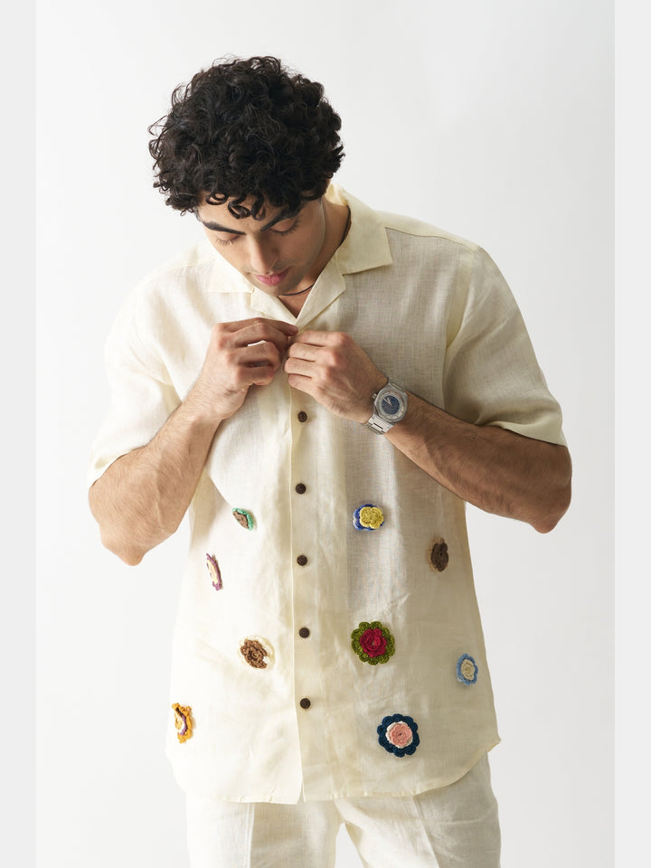 Off-White Petals - Hand Embroidered Linen Shirt