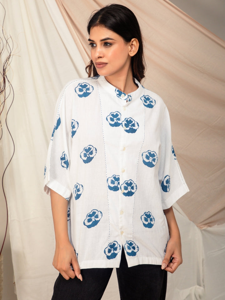 Pansy Hand Block Printed Kimono Style Shirt