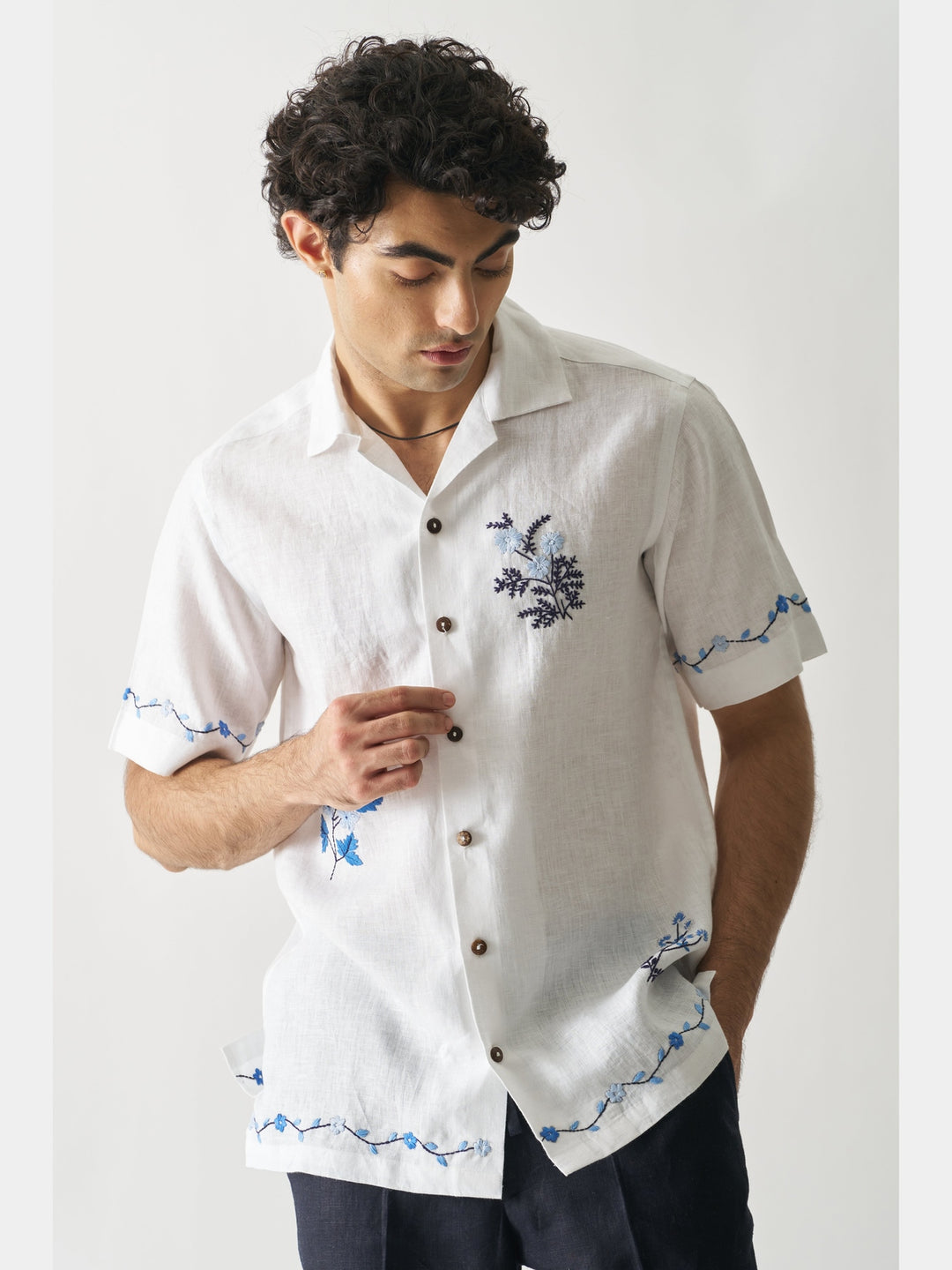 Blossom Cascade - Hand Embroidered Linen Shirt