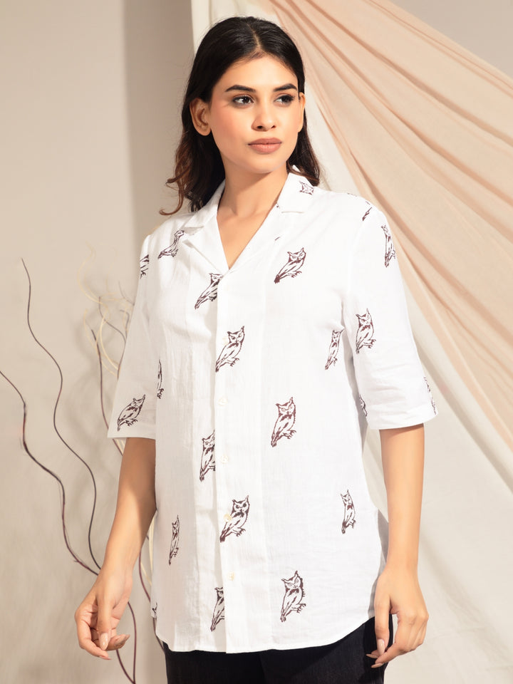 Collared Scops Owl Hand Block Printed Shirt