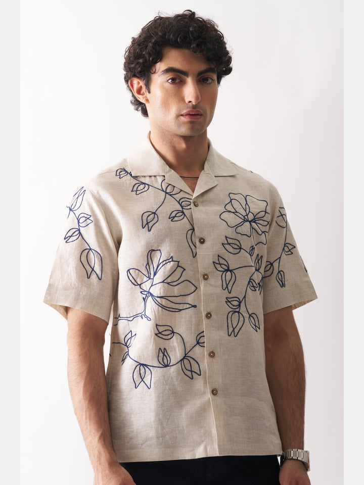 Floral Serenade - Hand Embroidered Linen Shirt