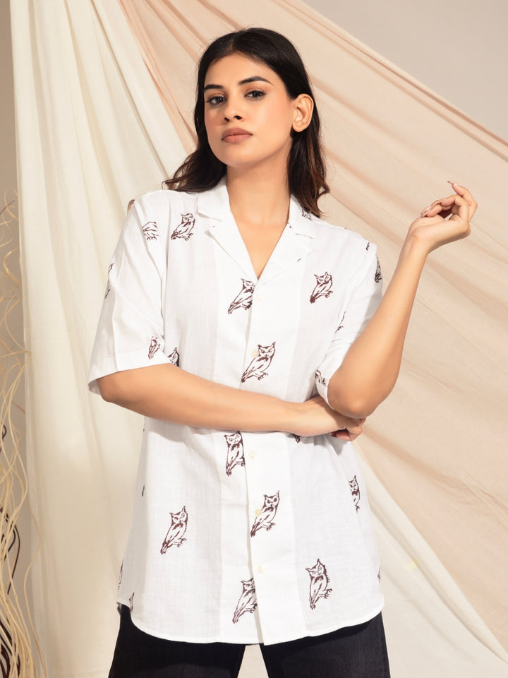 Collared Scops Owl Hand Block Printed Shirt