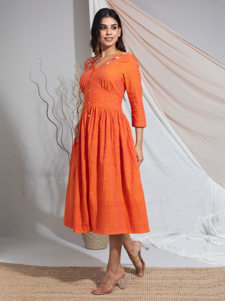 Tumpa Saffron Hand Embroidered Hand Woven Cotton Dress