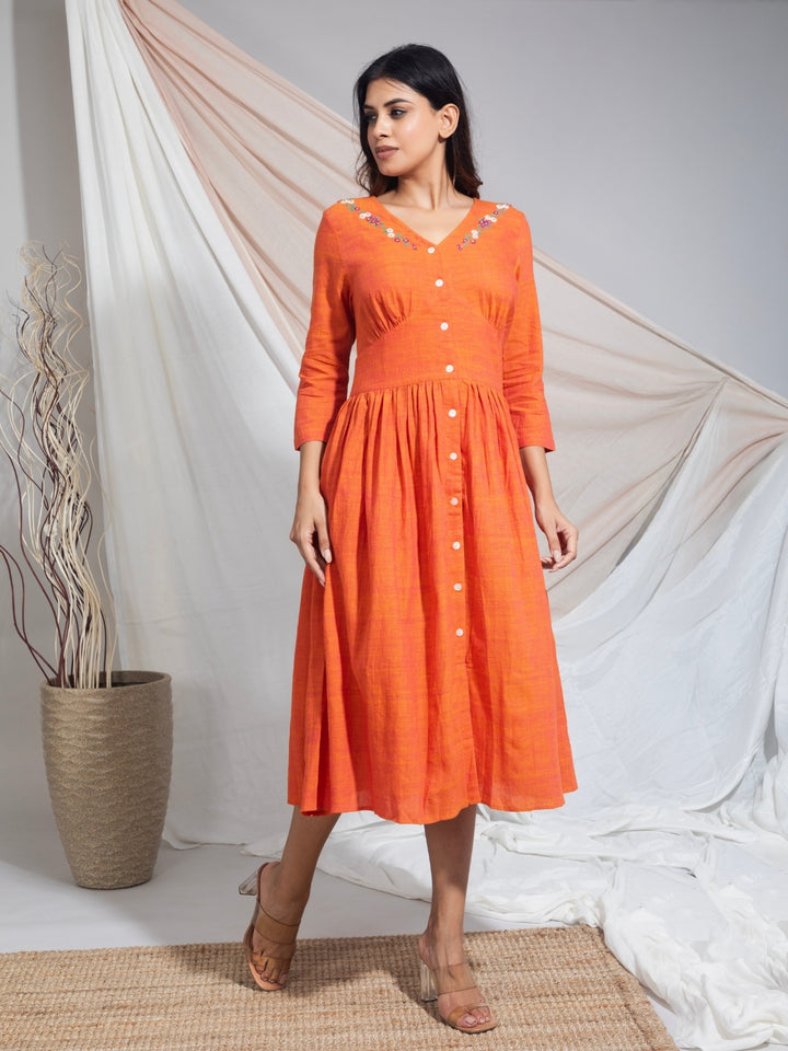 Tumpa Saffron Hand Embroidered Hand Woven Cotton Dress