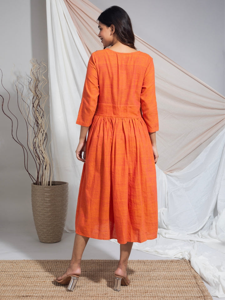 Tumpa Saffron Hand Embroidered Hand Woven Cotton Dress