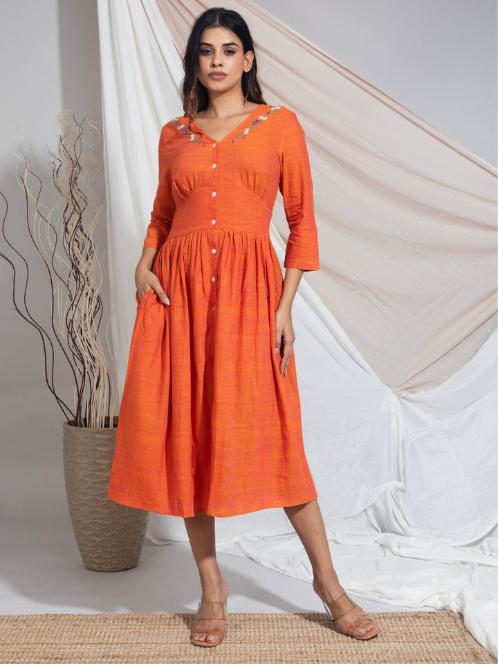 Tumpa Saffron Hand Embroidered Hand Woven Cotton Dress