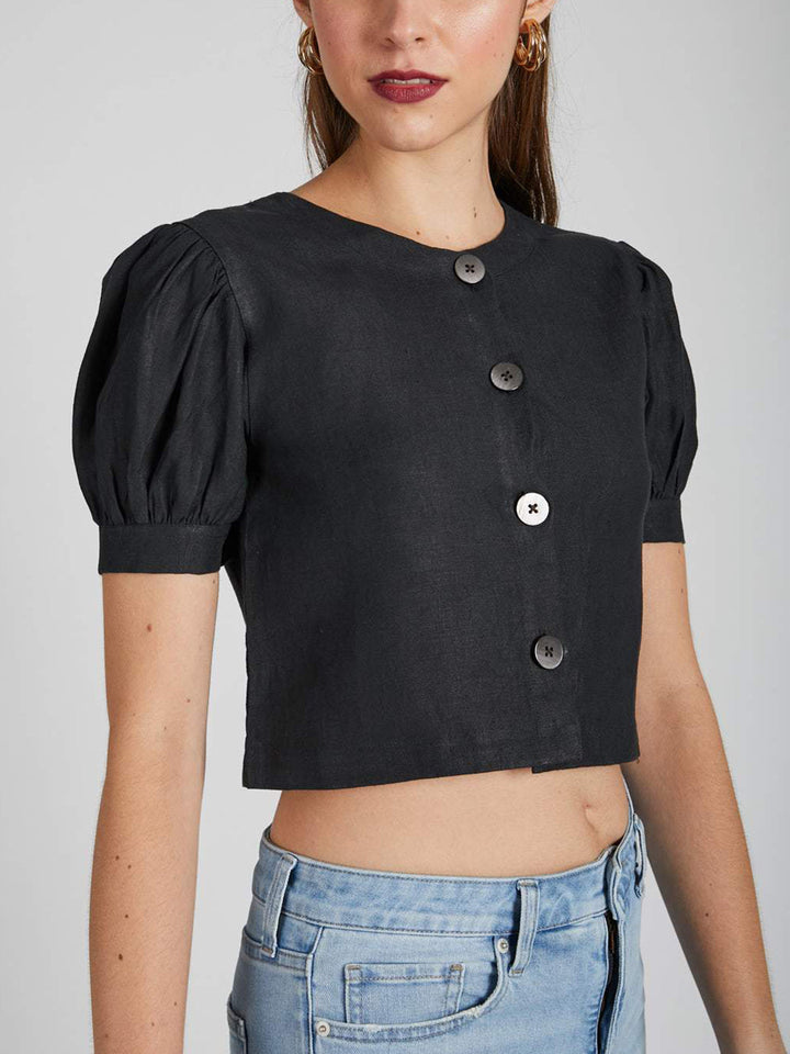 Flame Puff Sleeve Top Black