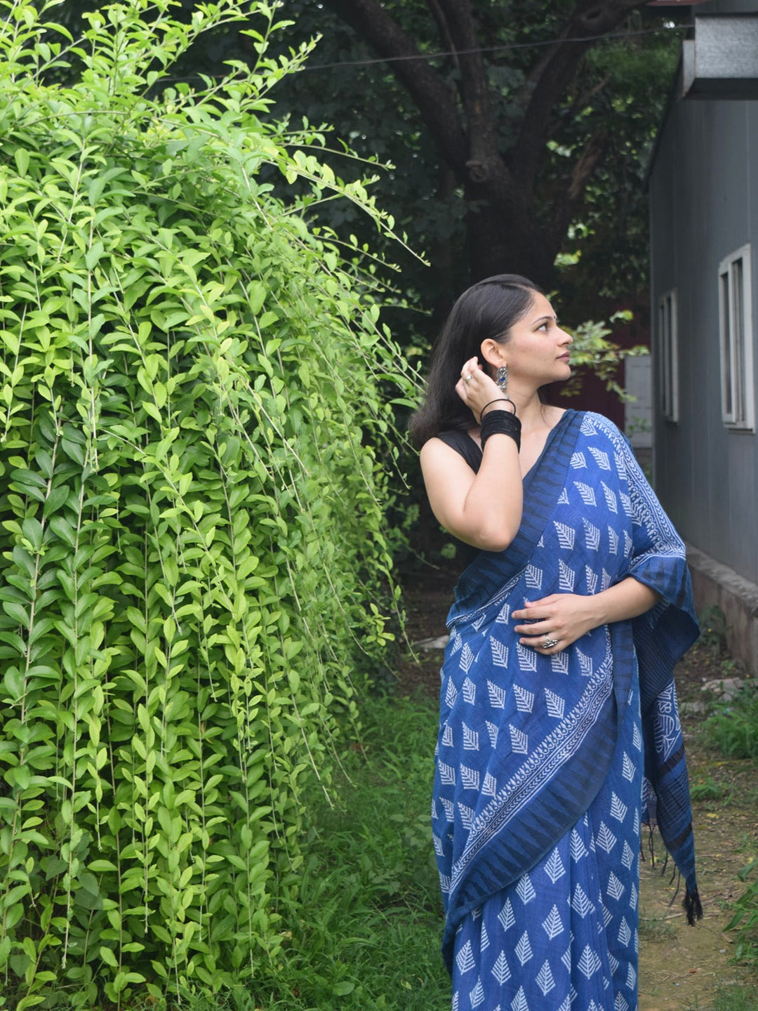 Neyra Blue Hand Block Printed Katan silk & Linen Saree