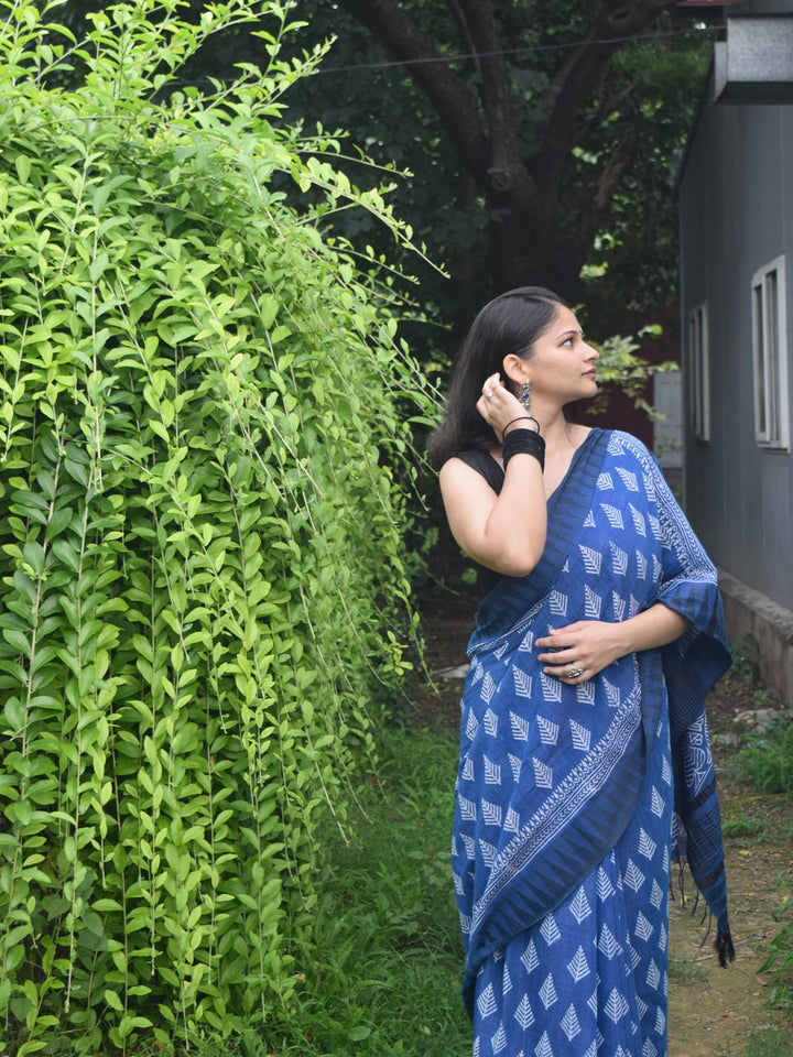Neyra Blue Hand Block Printed Katan silk & Linen Saree