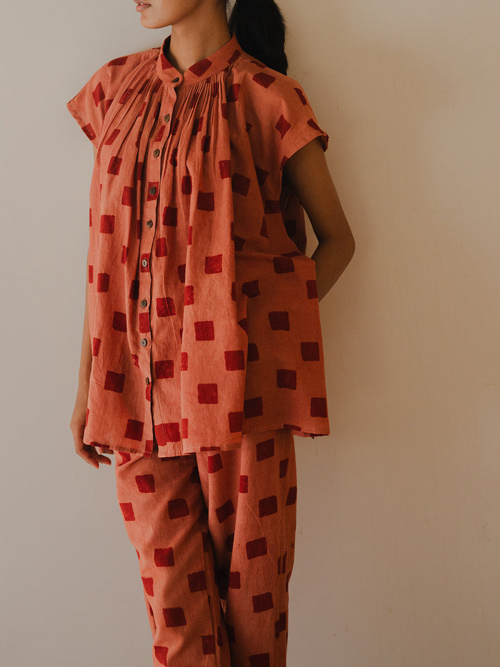 Canyon Set Red - Ajrakh block print coord set for women in Peach/Red color