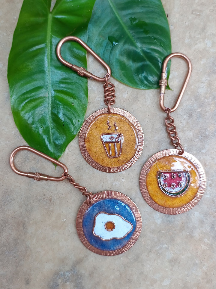 Handcrafted Copper Enamel Keychains (Set of 3) - Watermelon/Egg/Tea Ekibeki