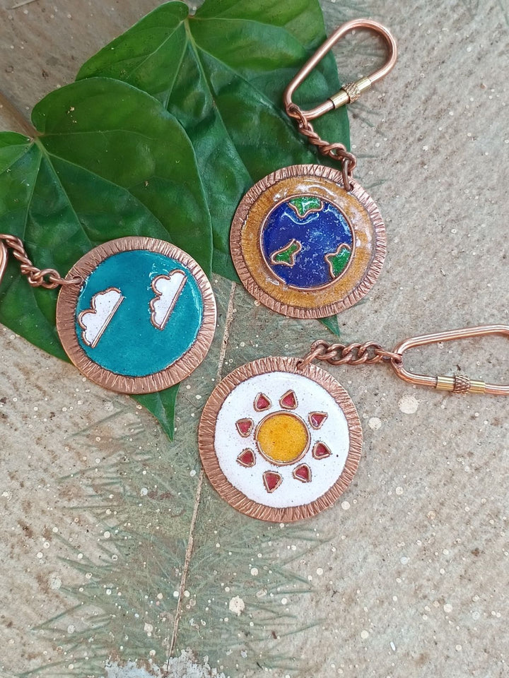 Handcrafted Copper Enamel Keychains (Set of 3) - Clouds/Sun/Earth Ekibeki