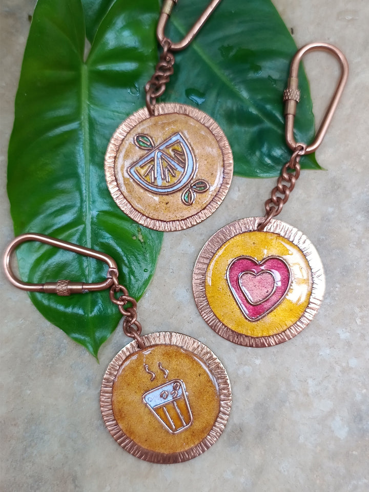 Handcrafted Copper Enamel Keychains (Set of 3) - Tea/Lemonade/Heart Ekibeki