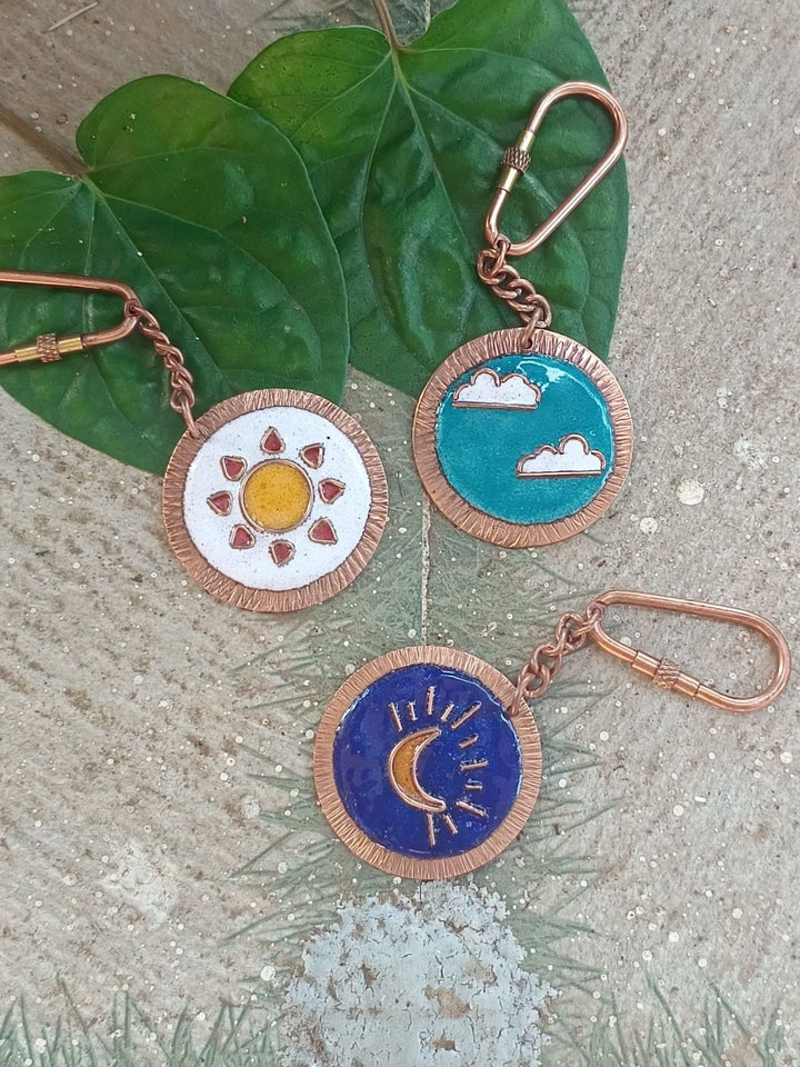 Handcrafted Copper Enamel Keychains (Set of 3) - Moon/Sun/Clouds Ekibeki