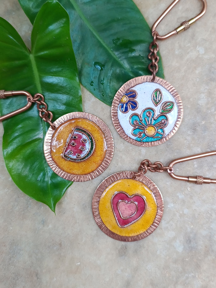 Handcrafted Copper Enamel Keychains (Set of 3) - Heart/Flower/Watermelon Ekibeki